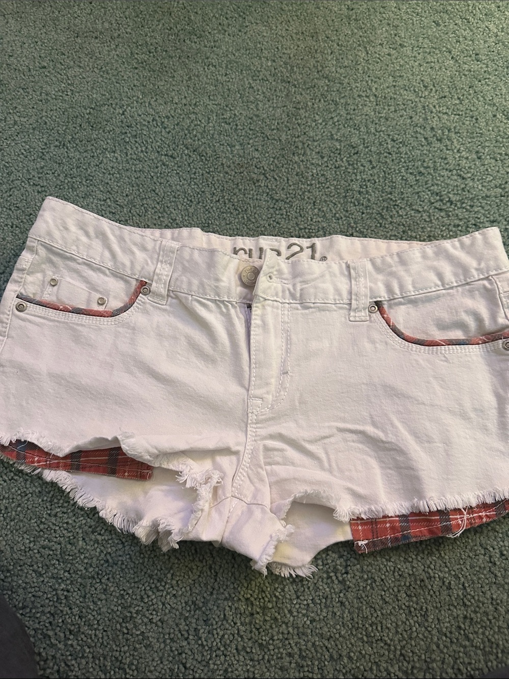 Rue21 White Distressed Denim Shorts with Red Plaid Trim